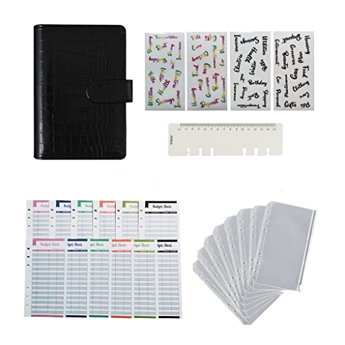 7MCCVAZXX A6 Crocodile PU Leather Notebook Binder Budget Planner Organizer with 6 Ring Cover Pockets and 12 Pieces Expense Sheets (Color : F, Size : 13 * 18.3cm) (D 13 * 18.3cm)