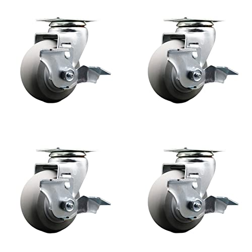 4 INCH THERMOPLASTIC Rubber Swivel Caster Set with Ball Bearings and Brakes