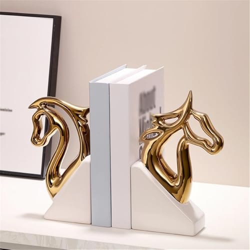 Book Organizer Ceramic Horse Head Bookends, Home Office Decor, for Desktop Bookshelves,Book Ends for Shelves(Silver)