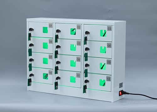 Bpatoimsx Secure and Convenient 12 Slots Cell Mobile Phone Metal Storage Cabinet Lockers with Charger Charging Station Cabinet and Key Lock White - Ideal for Students and Employees or Police Station