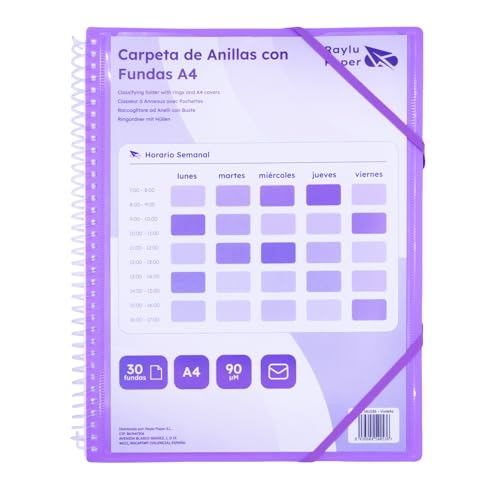 Raylu Paper® Binder with Ring Binder with Transparent A4 90 Micron Sleeves and Envelope with Velcro Closure, Customisable Cover. 100% Biodegradable Binder (20 Pockets, Violet)