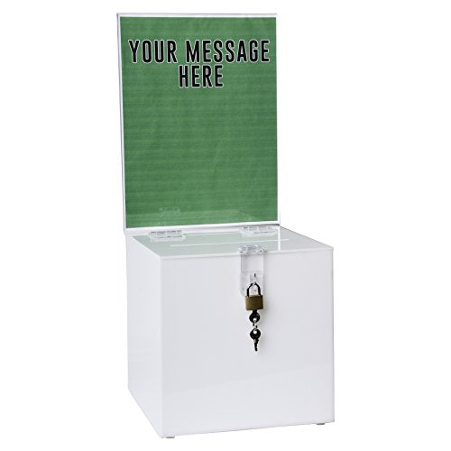 Clear-Ad - Acrylic Donation, Ballot, Raffle or Suggestion Box with Lock and Sign Holder - Plastic Comment or Compaint Container - Plexiglass Multipurpose Box with Slot - White (8x8)