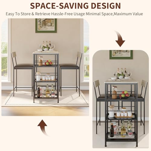 GarveeLife Dining Table Set for 2, Counter Height Bar Table Set with Storage ＆ Stools, High Top Pub Table and Chairs for Kitchen, Dining Room, Sofa Side, Apartment, Breakfast Nook