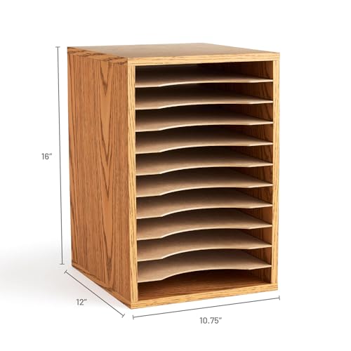 Scranton & Co Vertical Desk Top Sorter, Medium Oak Laminate Finish, 11 Compartments, Removable Hardboard Shelves, 10 3/4"w x 12"d x 16"h, Particleboard Construction for Letter-Size Paper Organization