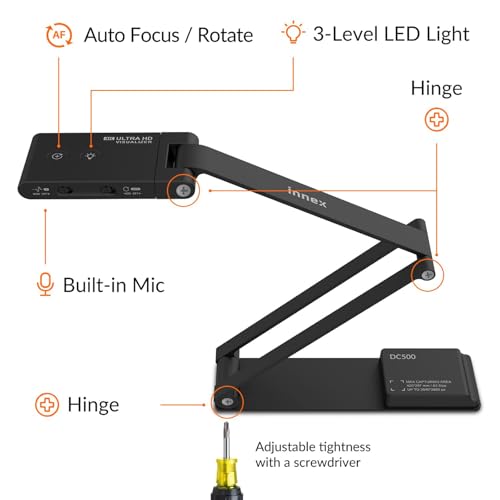 Innex DC500 16MP 4K USB Document Camera, Webcam & Scanner, 3-in-1