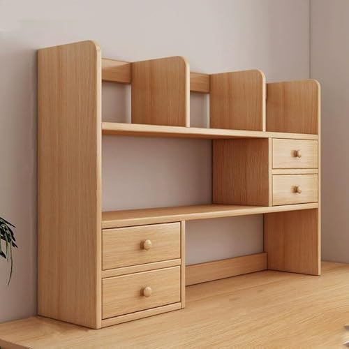 TBQATNTS 3-Tier Desktop Bookshelf with Drawer, Wooden Desk Organizer, Open Storage Rack, Multipurpose Desk Shelf for Office, Bedroom, and Living Room,Wood,31.5in