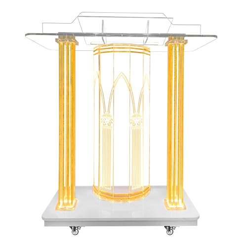 Church Pulpit,Acrylic Pulpit with Wheels,Golden Pattern Design,Led Acrylic Podium with Vertical Reading Platform, 46”Transparent Lecterns for Churches, Classroom (39.3”L*15.7”W *45.6”H)
