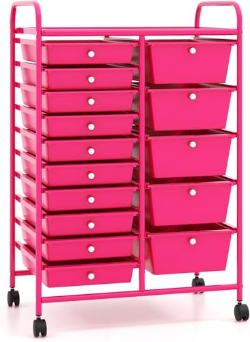 HOMGX 15-Drawer Storage Rolling Cart, Multipurpose Utility Storage Cart w/ 4 Lockable Wheels & Removable Drawers, Plastic Drawer Organizer for Office, Supermarket, Home, School (Hot Pink)