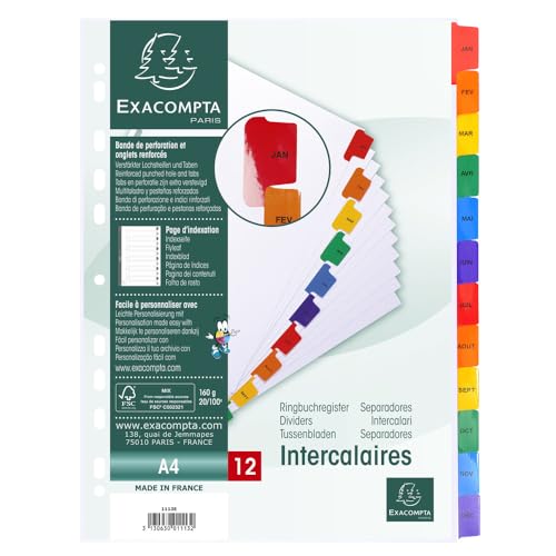 Exacompta - Ref 1113E - Box of 20 Indexes in white card 160g/m2 FSC® with 12 monthly printed tabs from January to December in colour - Printable index page - For A4 size