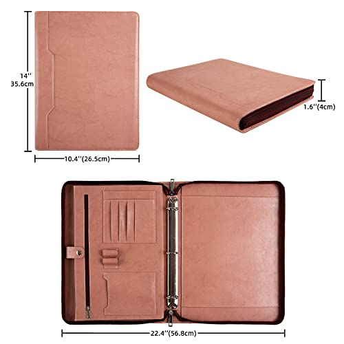 3-Ring Portfolio Padfolio for Women, Vegan Leather Binder, Pink, Zipper, Handmade Portfolio Organizer, Personalized for Lefty & Righty