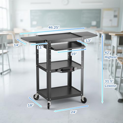 POCHAR Large Steel AV Cart with Power Strip & Drop Leaves - Height Adjustable Metal Media Cart with Wheels - Heavy Duty Rolling Computer Workstation for Laptop Projector Printer TV, Black (46" x 18")