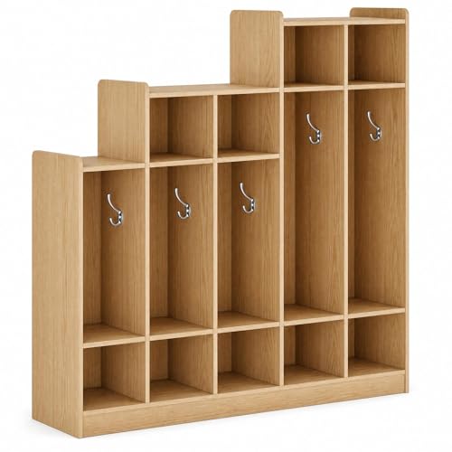Naiveferry 5-Section Classroom Coat Locker with 9 Cubbies, Step-Down Kids Cubby Storage Organizer with 10 Metal Hooks, Daycare Preschool Mudroom Lockers for School Entryway Nursery, Light Oak