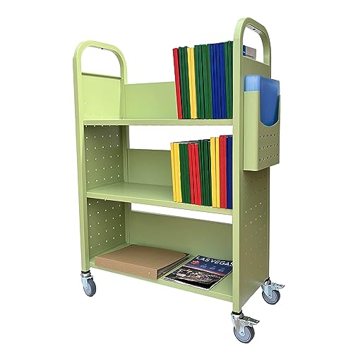 Workington Rolling Book Truck Book Cart with 3 Flat Shelves, Library Book Cart with Swivel Lockable Casters 3001 Apple Green