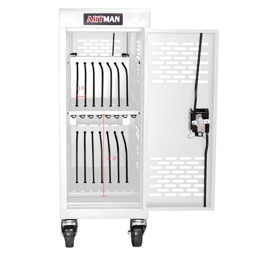 16 Device Charging Cart, Laptop and Tablet Storage Cart, Holds Up to 14" with Cord Management, Front and Rear Access Locking, Desktop Charging and Storage Cabinet for Classroom or Office.White