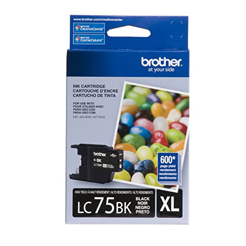 Brother Genuine High Yield Black Ink Cartridge, LC75BK, Replacement Black Ink, Page Yield Up to 600 Pages, LC75