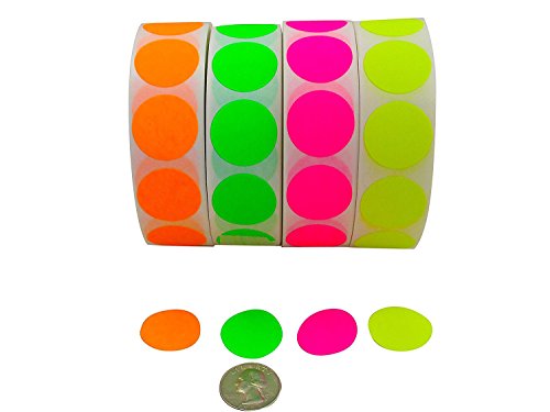 Color Coding Labels Super Bright Fluorescent Neon Yellow, Green, Orange and Pink Round Circle Dots for Organizing Inventory 1 Inch 2,000 Total Adhesive Stickers (500 of Each Color)