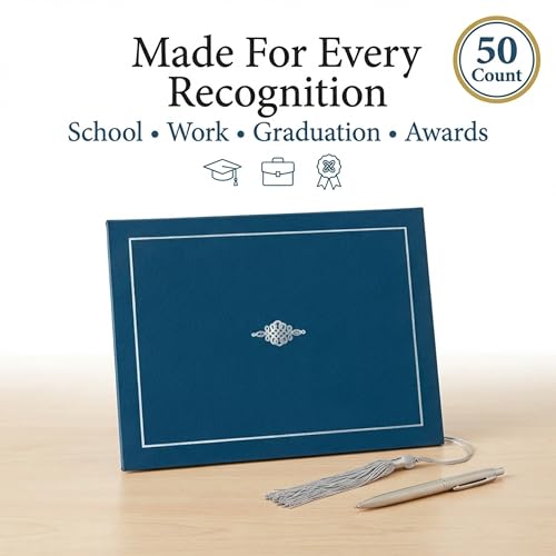 PaperDirect Foil-Stamped Blue Certificate Jacket, Heavy Cover Stock, 9.5"x12", Elegant Silver Foil Crest and Border, Graduation Diplomas, Employee Recognition, Student Awards, Pack of 50