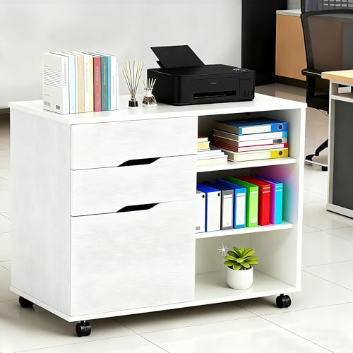 PayLessHere Lateral File Cabinet with 3 Drawers | Rolling Filing Cabinets Under Desk Storage with Wheels | Printer Stand Wood Organizer with Adjustable Shelf for Home Office Small Space, White
