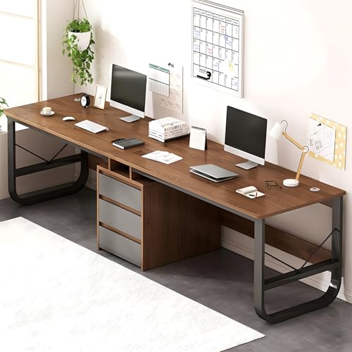 ntumLeap Long Computer Desk for Two Home Office Desk with 3 Storage Cabinets Stylish Workspace Desk for Office Room and Study Space Saving Design,Walnut Color-19.6 * 28.7 * 94.4i