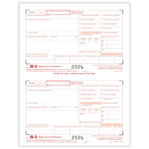 ComplyRight W-2 Tax Form Set 6-Part 2-Up with Copy A, B, C, D, 1, & 2, Self-Sealing Envelopes, Set for 50 Employees, Tax Preparer Supplies
