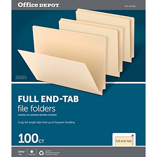 Office Depot® Brand 2-Ply End-Tab Folders, Letter Size, Straight-Cut Tabs, Letter Size, Manila, Box of 100