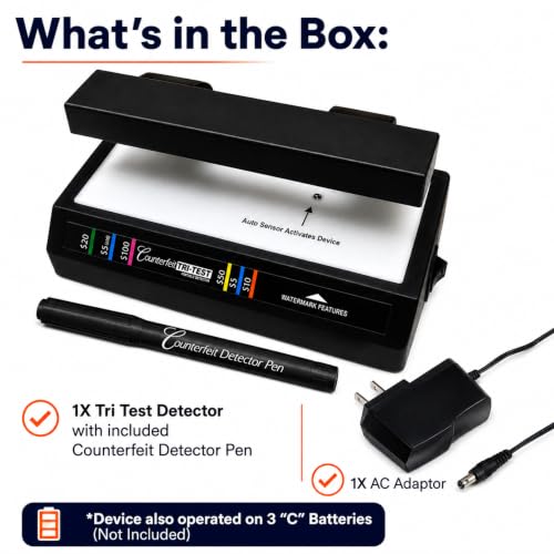 Dri Mark Tri Test - Counterfeit Bill Detector Machine w/AC Adapter - 3 Tests in 1 - Paper, Security Strip and Watermark Tests, Accurate Money Tester Machine with Counterfeit Detection Pen