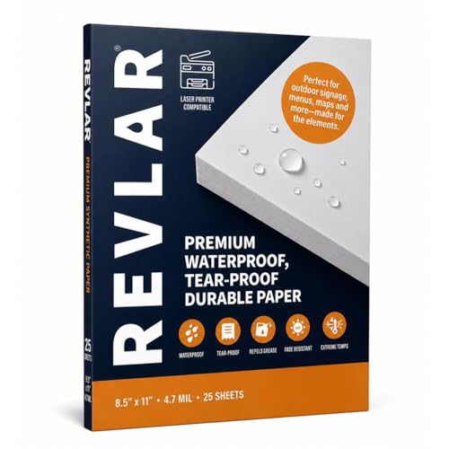 REVLAR® Premium Durable Waterproof Tear-Proof Laser Printer Paper 8 x 11 5mil 100 Pack - White, Fade Resistant, Washable, Grease Repellent, Pack - Ideal Durable Sign Paper for All Printing Needs