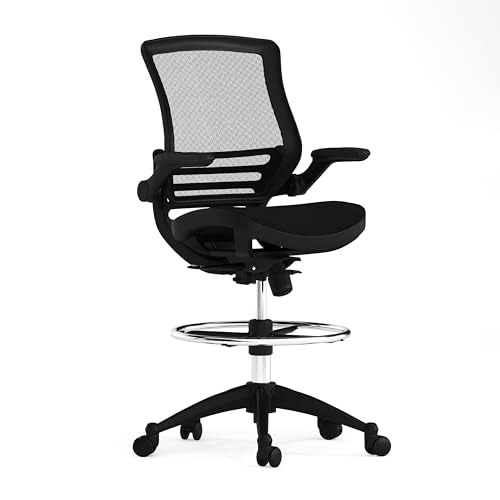 BizChair Mid-Back Transparent Black Mesh Drafting Chair with Black Frame and Flip-Up Arms