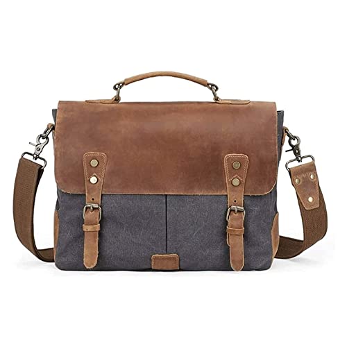 XIXIDIAN Mens Messenger Bag Canvas Briefcase Large Satchel Shoulder Bag Rugged Leather Computer Laptop Bag(14 INCH) (Color : Gray)