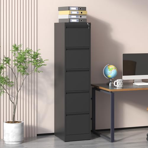 NUPczxg 17.7" Deep 5 Drawer File Cabinet, Metal Vertical Filing Cabinet with Lock, Office Home Steel Printer Stand for A4 Legal/Letter Size, Assembly Required, 5 Drawer Black