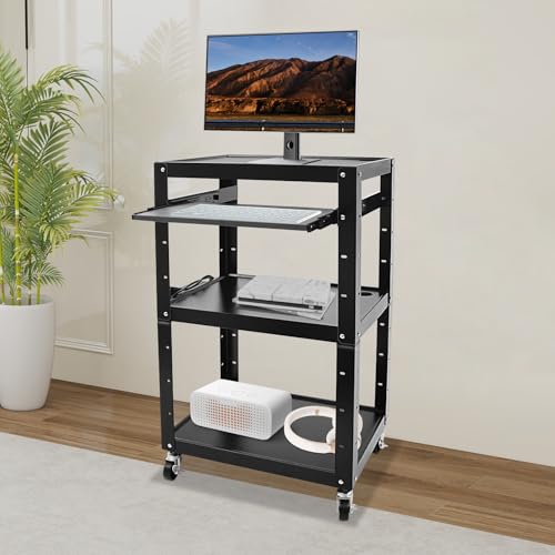 Heavy Duty AV Cart on Wheels, Cold-Rolled Steel Media Cart with 66 lbs Load Capacity per Shelf, 4-Tier Mobile Printer Stand with Non-Slip Mat & Cable Holes, Rolling Workstation for Home Office Library