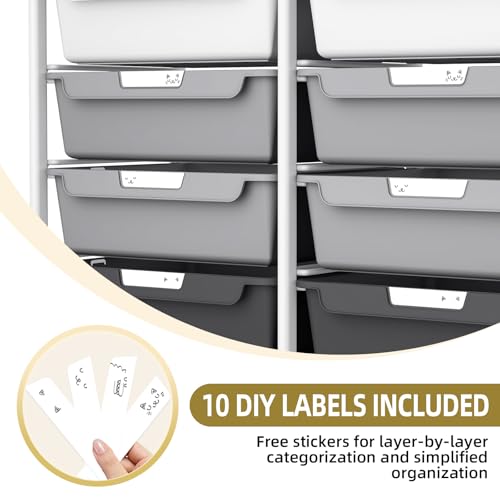 10 Drawer Rolling Storage Cart with Wood Top for Classroom Crafts Grey