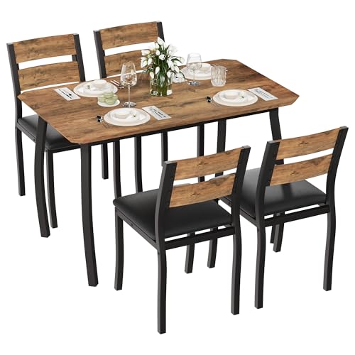 Garvee Dining Table Set for 4, Modern Metal & Wood with Cushion Seats,Retro