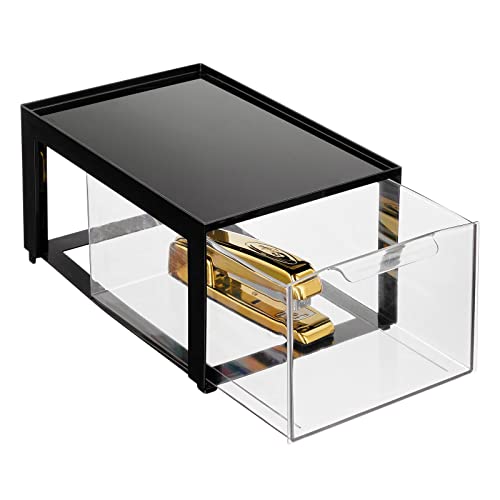 mDesign Plastic Desk Organizer and Storage Bin w/Pull Out Drawer - Stackable Office Storage Container for Office Supplies - Desktop Drawer Organizer - Lumiere Collection - 4 Pack - Black/Clear