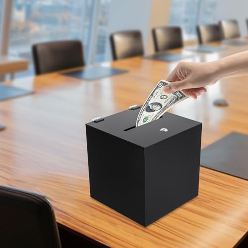 WUSILILU Acrylic Donation Box with Lock, 10*10*10in Suggestion Box with Slot and 2 Keys, Money Storage Container for Fundraising, Voting, Collecting Suggestions, Complaint Letters (Black, 10*10in)