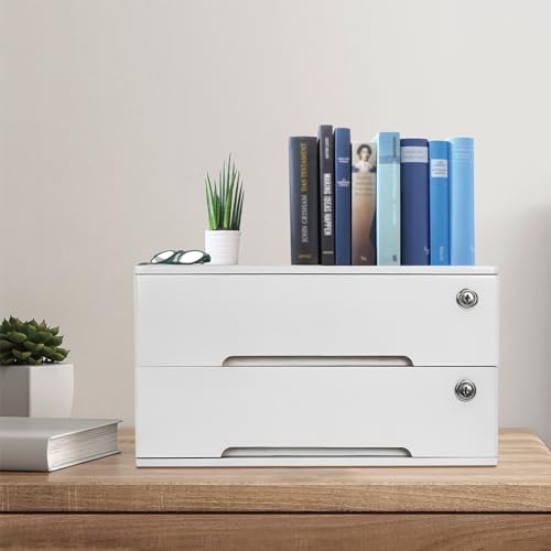 Kaichenyt Wooden Desk Organizer 2 Tier Solid Color Flat File Cabinet with Drawers & Lock & 4 Keys Modern Lockable Desktop Organizing Unit for Home Office Supplies File (White)