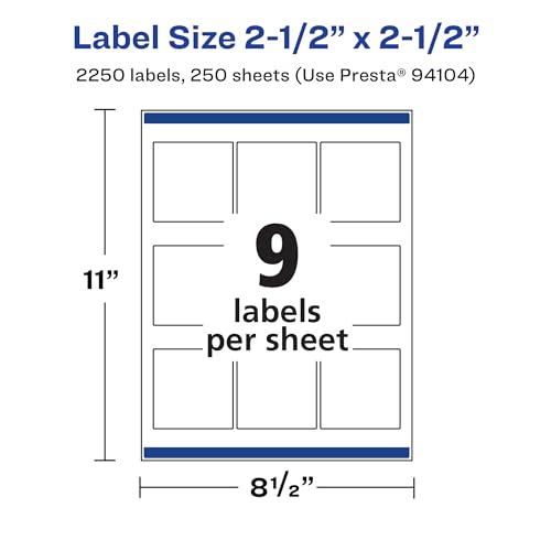 Avery® Matte White Square Labels, Sure Feed® Technology, 2.5" x 2.5", 2,250 Matte White Printable Labels