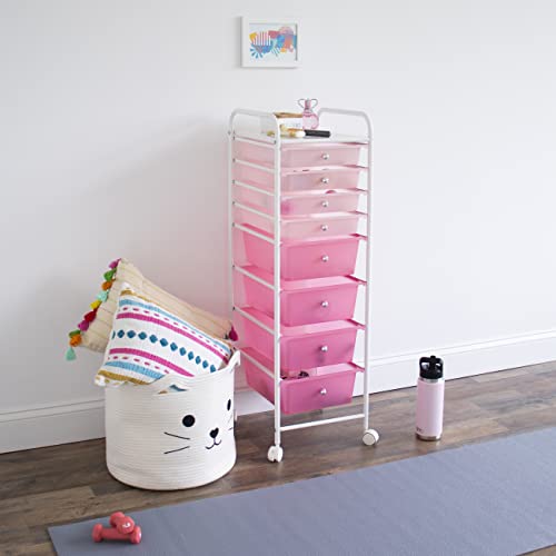 Humble Crew 8 Drawer Rolling Storage Cart with Wheels, Slim Plastic Organizer Trolley for Crafts, Office, School, Makeup & More, Metal Frame, Pink