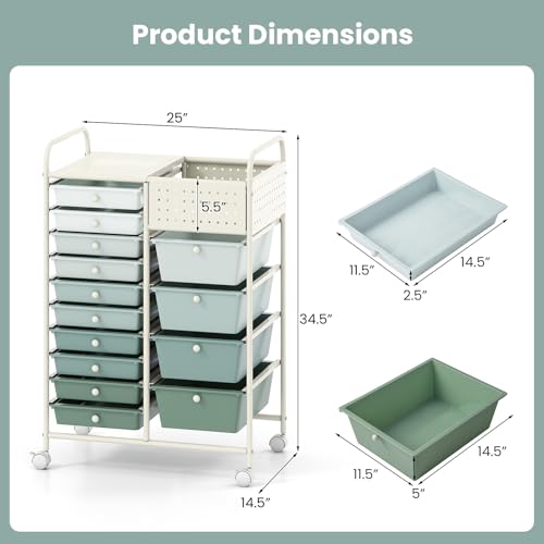 LDAILY Rolling Storage Cart with Drawers & Pegboard, for Classroom, Green