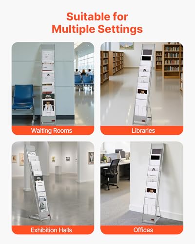 VEVOR Brochure Display Rack, 10 Pockets Magazine Literature Display Stand, Portable Floor Standing Magazine Rack, Metal Newspaper Catalog Holders for Shop, Exhibitions, Office, Trade Show, Silver