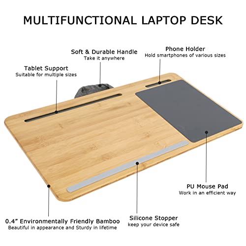 SUMISKY Laptop Lap Desk with Cushion Protable LapDesk with Handle Tablet Support Phone Holder and Mouse Pad Oversized Bamboo Laptop Stand for Sofa Fits Up to 17 Inches