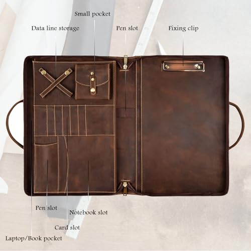GZRHKJ Genuine Leather Portfolio, Padfolio Organizer with Handle, Personalized Padfolio，Padfolio with Zipper for Men Women，Suitable for 15-inch Laptop Legal Pad Padfolio, Dark Khaki