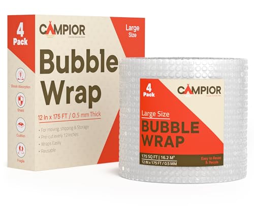 Bubble Wrap for Packing & Moving 4 Pack, 175 FT x 12” Bubble Cushioning Wrap with 3/16” Small Bubbles, Perforated Every 12” for Easy Tear, Lightweight Packing Wrap for Fragile Packaging & Mailing