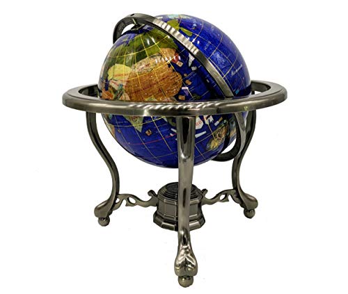 Limited Edition! Unique Art Since 1996 Blue Pearl Swirl Table Top Gemstone World Globe with Tripod Silver Zinc Alloy Stand (220MM/9 INCHES/Blue Pearl Ocean)