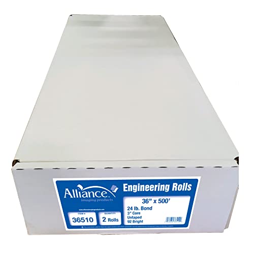 Alliance CAD Paper Rolls, 36” x 500’, 92 Bright, 24lb - 2 Rolls Per Carton - Ink Jet Bond Rolls with 3” Core