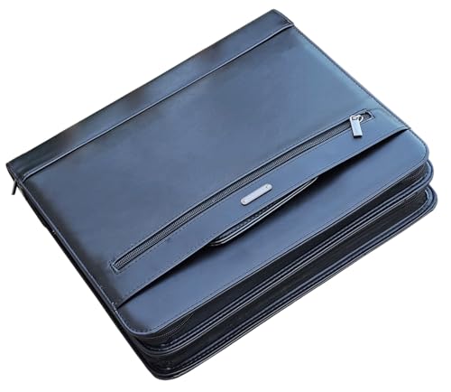 14" Laptop Briefcase, Vegan Leather Portfolio with Zipper Compartments x 2, A4 Papers Holder Padfolio Organizer, Black
