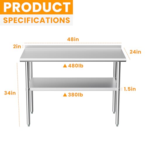 Derro Stainless Steel Table for Prep & Work, 24 x 48 in, Metal Commercial Heavy Duty Table with Backsplash and Adjustable Under Shelf and Foot for Restaurant, Home and Hotel