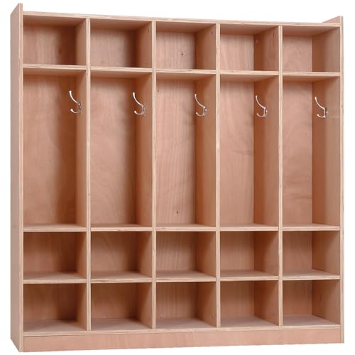 FinerFurnis Study Room Coat Locker – 5 Sections, 20 Cubbies, Double-Sided Coat Hooks, 2 Storage Boxes, Anti-Tip Anchors, Casters for Easy Mobility – for Schools, Daycares, Office, Playroom