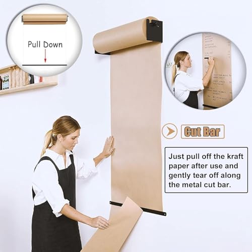 GWIKYNCW 12/24/36/48 Inch Wide Kraft Paper Roll with Dispenser, Hanging Butcher Paper Roll Dispenser and Cutter (Black 12inch/30cm Wide)