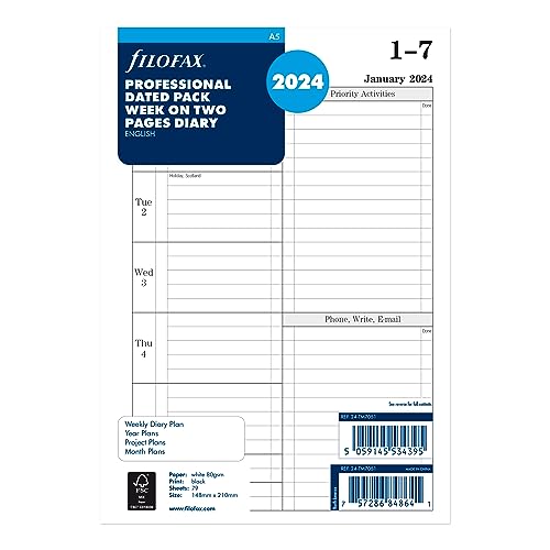 Filofax Calendar Diary Refill, A5 Size, Week-to-View with Appointments, Time Management, White Paper, Ruled, English, 2024 (CTM7051-24)